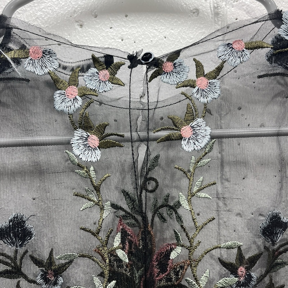 Zara Womens XS Sheer Mesh Floral Embroidered Top Short Sleeve - Picture 7 of 8
